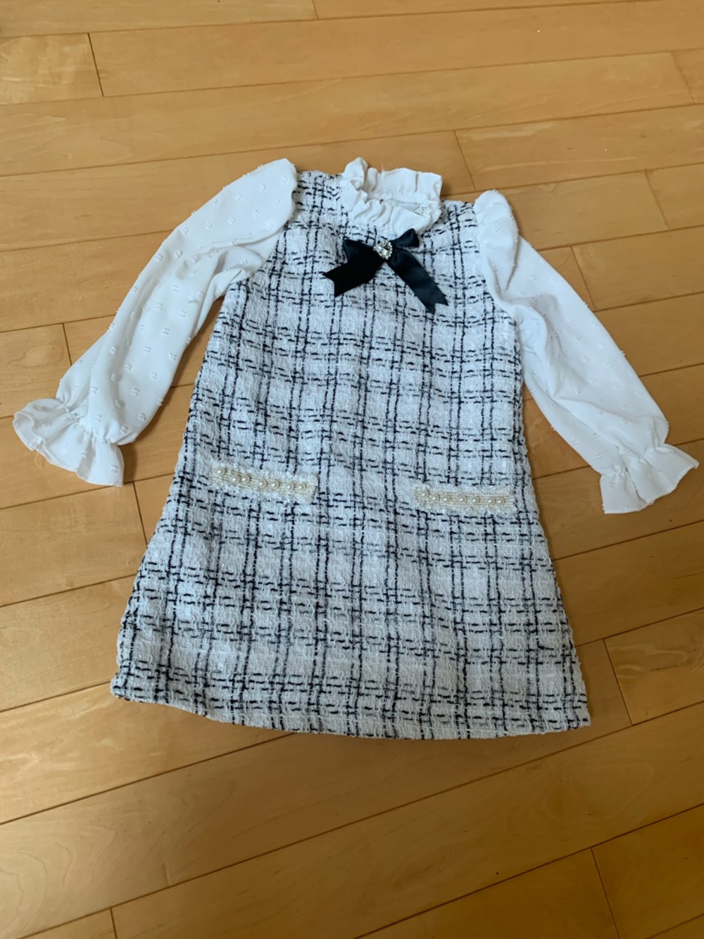 Girls Tweed Dress with Long White Blouse Sleeves Layered Look (one piece)